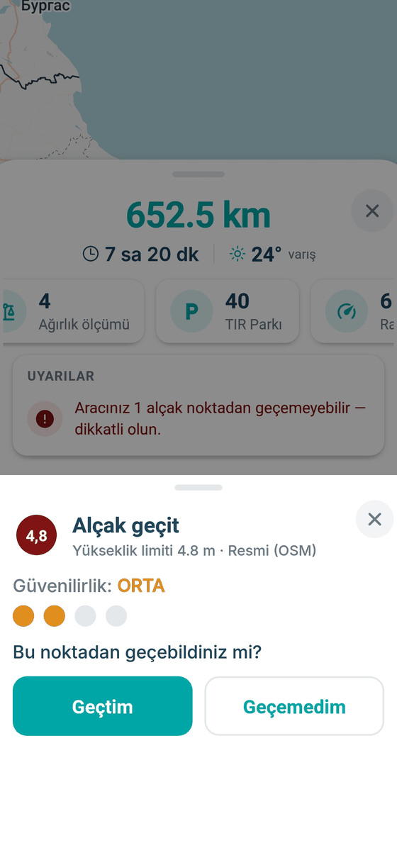 NaviKamyon alçak geçit uyarısı ekranı