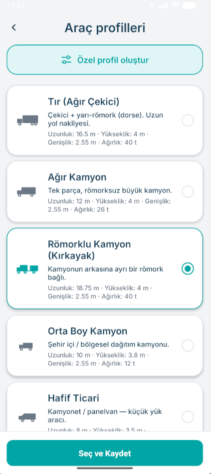 NaviKamyon araç profilleri ekranı
