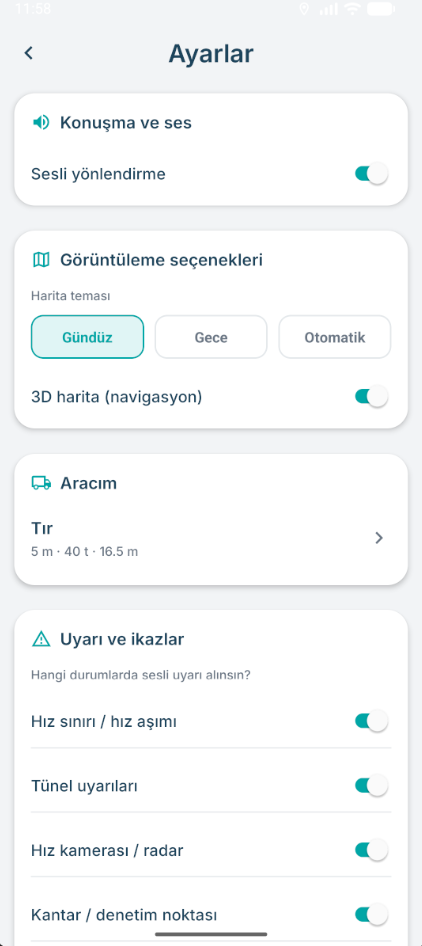 NaviKamyon ayarlar ekranı