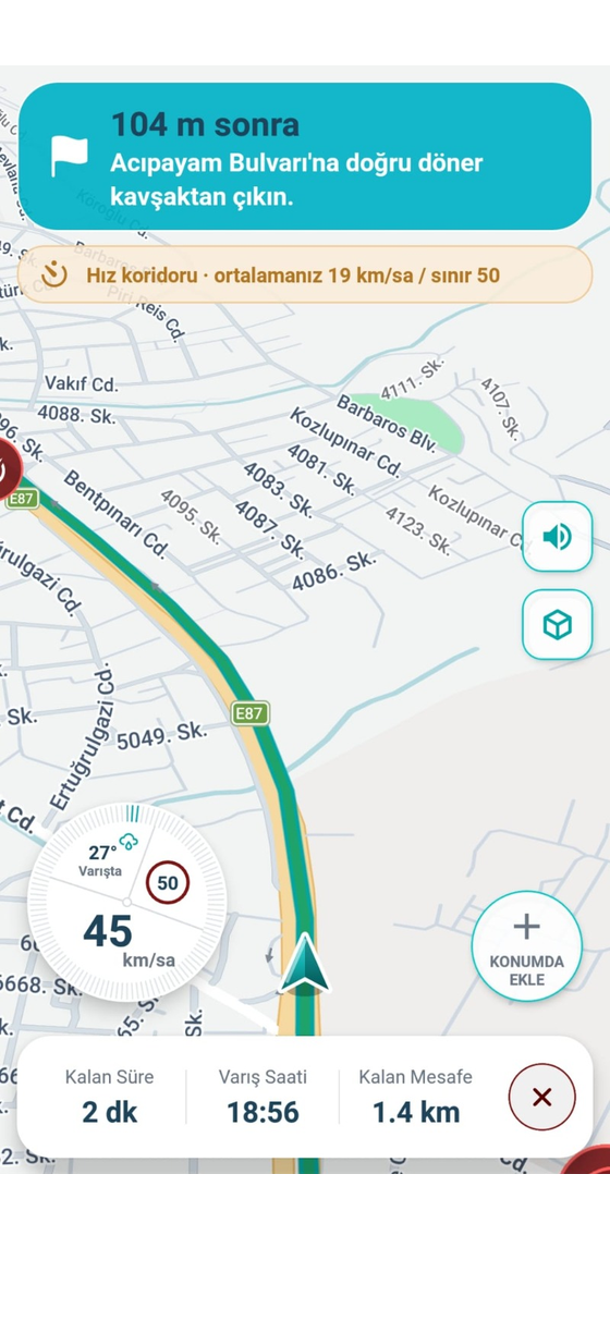 NaviKamyon hız koridoru uyarısı ekranı