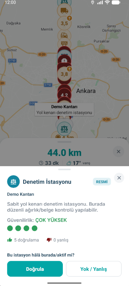 NaviKamyon kantar uyarısı ekranı