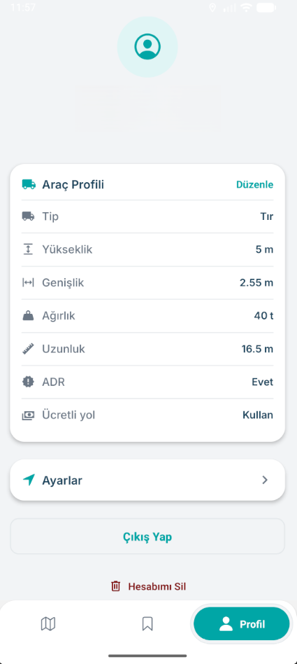 NaviKamyon profil ekranı