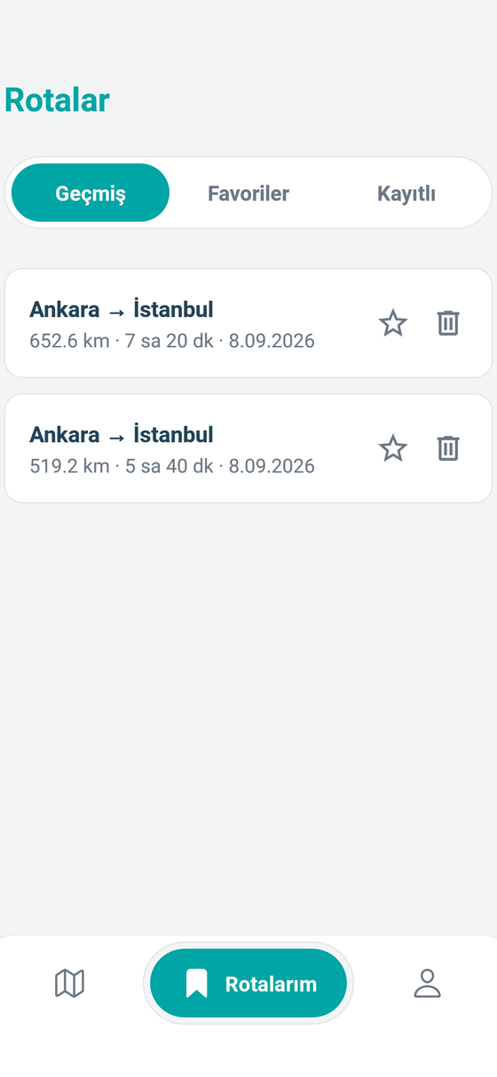 NaviKamyon kayıtlı rotalar ekranı